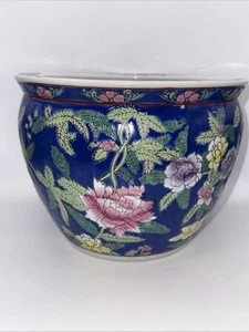 Chinese Asian Jardiniere Fish Bowl Floral Hand Painted Planter 6” Diameter Vtg - Picture 1 of 8