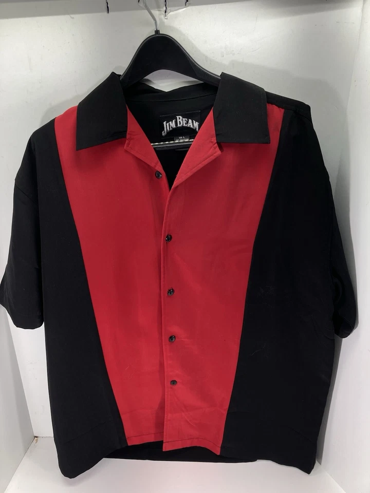 Jim Beam Cabana Bowling Shirt Men Large Red Black Button Short Sleeve Polyester - Image 1 of 4