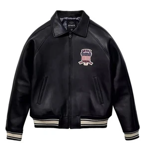 Hombres Avirex Chaqueta de Cuero Negro Chaqueta de Bombardero Negro EE. UU. A... - Imagen 1 de 5