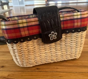 Brighton Poppy Straw Leather Trim Lined Shoulder Bag Red Plaid Picnic Boho Purse - Picture 1 of 7