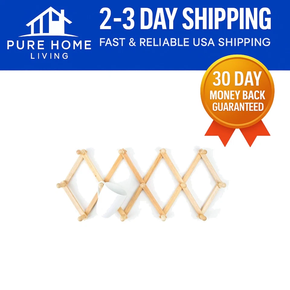 Elegante estante de pared expandible de madera de haya - Elegante soporte para tazas con 13 ganchos Foto 1 de 4