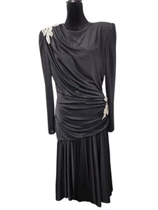 Vintage 80's Womens Abby Kent Cocktail Dress~Ruched Blue/Black~Size 12~Sequined - Picture 1 of 6