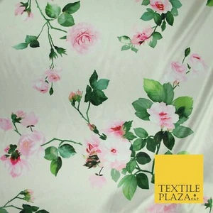 PREMIUM Oyster Floral Pink Roses Silky SATIN Print Crepe Dress Fabric 60" 6363 - Picture 1 of 4