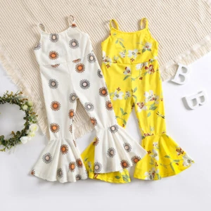 Girls' Casual Jumpsuits Flower Printing Loose Romper Flared Long Pants - Picture 1 of 13