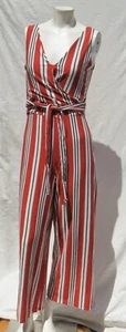 BERSHKA Brick Red Striped Jersey Wide Crop Leg Pants Wrap Jumpsuit US S MINT! - Picture 1 of 7