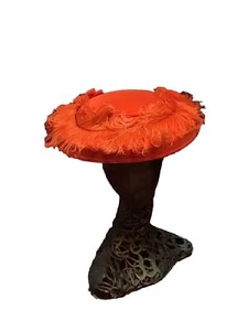 Vintage 50s 60s Hat Orange Velvet Saucer Tilt Top Feathers Plume New Look - Picture 1 of 7