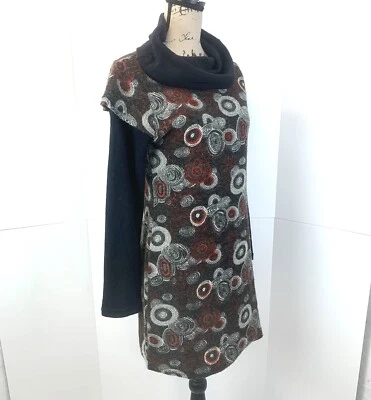 Aryeh JR Women Size L Cowl Neck Tunic Mini Dress Art To Wear Geometric Boho Knit - Image 1 of 4
