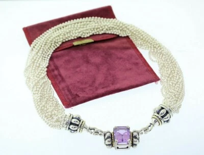 Collana Torsade In Argento Sterling E Oro 18k Con Perle Di Ametista - Immagine 1 di 4