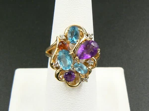 14k Yellow Gold Amethyst Blue Topaz Garnet Diamond Cluster Ring Sz 7.25 - 6.8 gr - Picture 1 of 7
