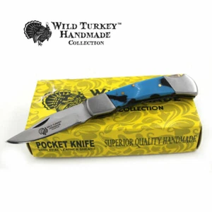 Cuchillo plegable de colección Wild Turkey hecho a mano con funda de cuero afilado - Imagen 1 de 7