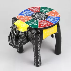 Wooden Elephant Stool Colorful Top Design Hand painted Home Decorative 12 inch - Picture 1 of 4