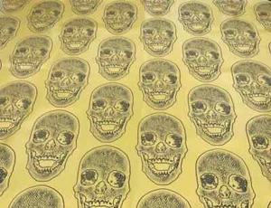 Skeleton Vinyl Fabric - Gold - Skull Skeleton Head Print Vinyl Fabric Yard - Picture 1 of 3