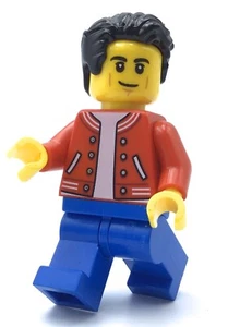 LEGO GUY WITH RED VARSITY JACKET BLACK HAIR SMILE BLUE PANTS MINIFIGURE - Picture 1 of 2