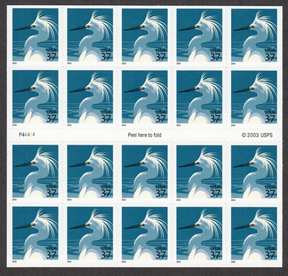 2005 Snowy Egret Sc 3830De booklet pane of 20 MNH plate number P44444 CV $110 - Image 1 of 1