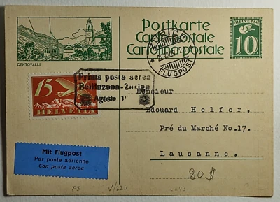 1927 Suiza FFC Primer Vuelo Correo Aéreo Postal Cubierta Bellinzona a Lausana Foto 1 de 2