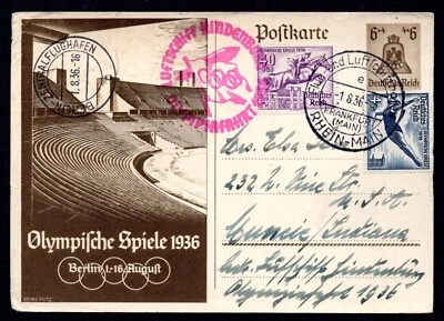 GERMANY 1936 ZEPPELIN US SPECIAL OLYMPICS VIEW CARD FRANKED WITH OLYMPICS ISSUES - Image 1 of 2