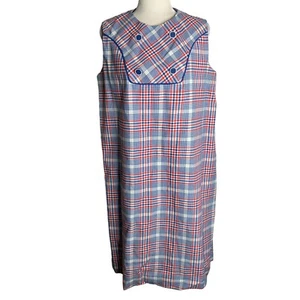Vintage 60s Lady in Waiting Maternity Dress M/L Red Blue Plaid Sleeveless Zipper - Picture 1 of 8