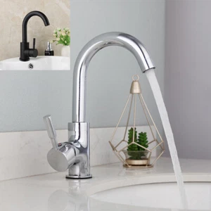 Miscelatore lavabo bagno girevole ad arco nero cromato rubinetto ottone foro singolo - Foto 1 di 21
