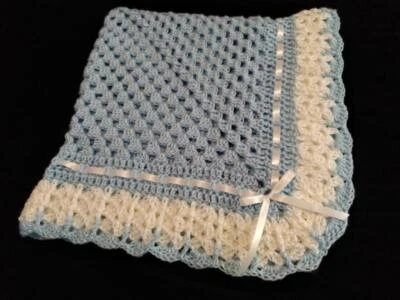  Hand-Crochet Blue & White Square Baby Blanket Afghan  - Image 1 of 4