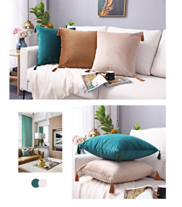 18"x18" Luxury Velvet Tassels Cushion Covers Pillow Cases Soft Plain Sofa Plain