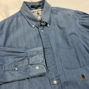 Vtg Tommy Hilfiger Shirt Crest Logo Denim Long Sleeve 16 1/2-35 Button Down - Picture 1 of 9