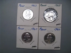 4 cuartos de plata Washington de prueba diferentes 1960 (2) y 1963 (2).  #21 - Imagen 1 de 11