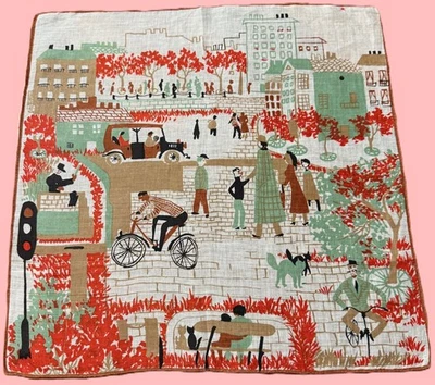 Pañuelo de lino vintage estilo Durieux cambio de siglo motivo parque de la ciudad nuevo de stock Foto 1 de 4