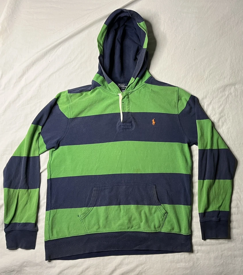 Camisa con Capucha Polo Ralph Lauren Vintage Juvenil XL Verde Azul Rayas Pullover Poni Foto 1 de 4