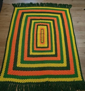 VTG 70's Hand Crocheted Blanket 80" Yellow Green Orange Granny Core Concentric  - Picture 1 of 6