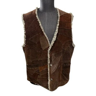 Western Cowboy VTG Sherpa Shearling Brown Patchwork Suede Leather Vest Size S/M - Image 1 of 4