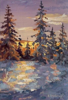 Impresionismo estilo impasto PAISAJE DE INVIERNO Pintura al Óleo Original, Puesta de Sol Foto 1 de 4