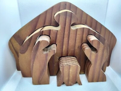 Quebra-cabeça de madeira presépio conjunto Maria José bebê Jesus estábulo feito à mão Natal assinado - Imagem 1 de 4