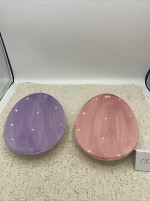 Lot Of 2-Colorful Easter Egg Shaped Ceramic Candy Dishes Purple & Pink 6”x 9” - Image 1 of 4