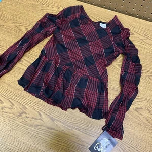 Art Class Girls Top 6/6X Plaid L/S Black Red Silver Ruffle - Picture 1 of 5