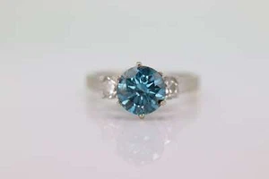 14k BLUE diamond engagement ring. 2CTW FANCY Blue diamond trilogy solitaire trip - Picture 1 of 10