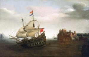 SAILBOAT VINTAGE POSTER Galleon Sailing nearby a Castle - Picture 1 of 1