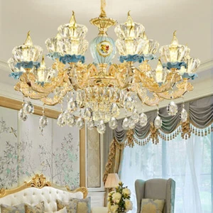 Crystal Glass Ceramics Chandelier Light Indoor Lighting 6-18 Heads Ceiling Lamp - Picture 1 of 18