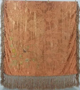 Antique French Damask Silk Brocade Embroidered Fringed Tablecloth 120x117cm - Picture 1 of 12