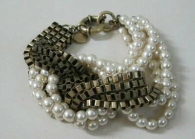 Pulsera J.Crew Multi Hilo Nudo Latón Cadena y Cuentas de Perlas Imitadas Foto 1 de 4