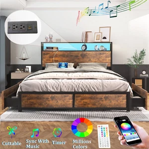 King Size Bed Frame with LED Light Headboard & Outlets, Metal Platform Bed - Picture 1 of 4