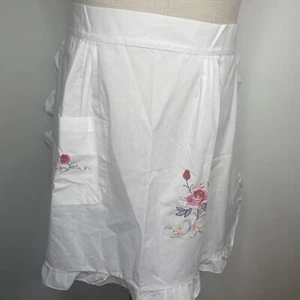 Delantal vintage medio delantal bordado flor aplique aplique blanco algodón folk corbata de bolsillo - Imagen 1 de 8