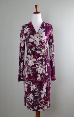 CALVIN KLEIN $119 Slinky Stretch Floral Faux Wrap Hardware Shirred Dress Size 6 - Image 1 of 4