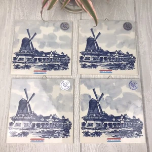 Delft Holland Tiles Hand Painted Set Of 4 Blue Windmill Hanging Wall Decorative - Picture 1 of 8
