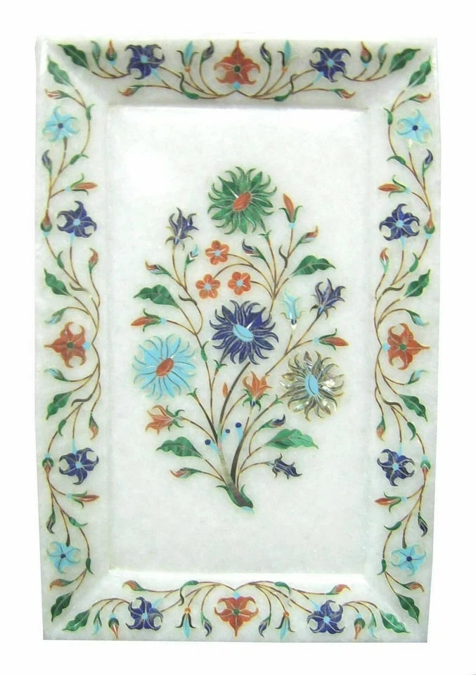  Bandeja de mármol marquetería mosaico floral lapislázuli incrustación piedras semipreciosas trabajo Foto 1 de 1