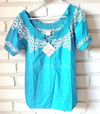 Gretchen Scott Turquoise Embroidered Tunic Top Smock Tie Neck Womens S  - Image 1 of 4