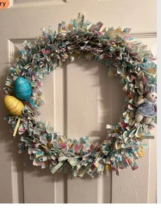 Blue Bunny Rag Wreath 16 Inch Round - Picture 1 of 1