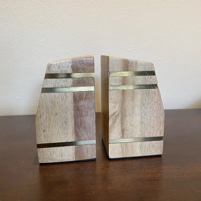 Hearth & Hand Wooden Bookends with Inlaid Design, Mid Century Modern Style 5”x3” - Image 1 of 4