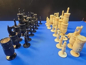 Antique Barley Corn Stained Black and Natural Bone Chess Set King 5" AS IS - Picture 1 of 21