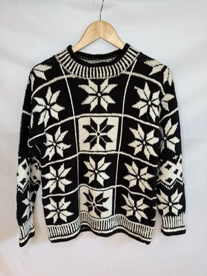 Vintage Y2K Esprit Ski Sweater Nordic S Mock Black White Snowflake Apres  Cotton - Image 1 of 4