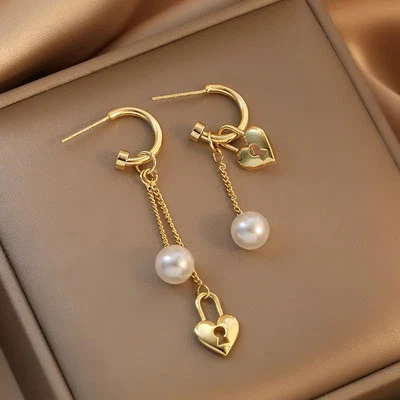 vintage retro Herz C Form CREOLE Imitation perle Ohrringe gold Kreole Damen drop - Bild 1 von 4